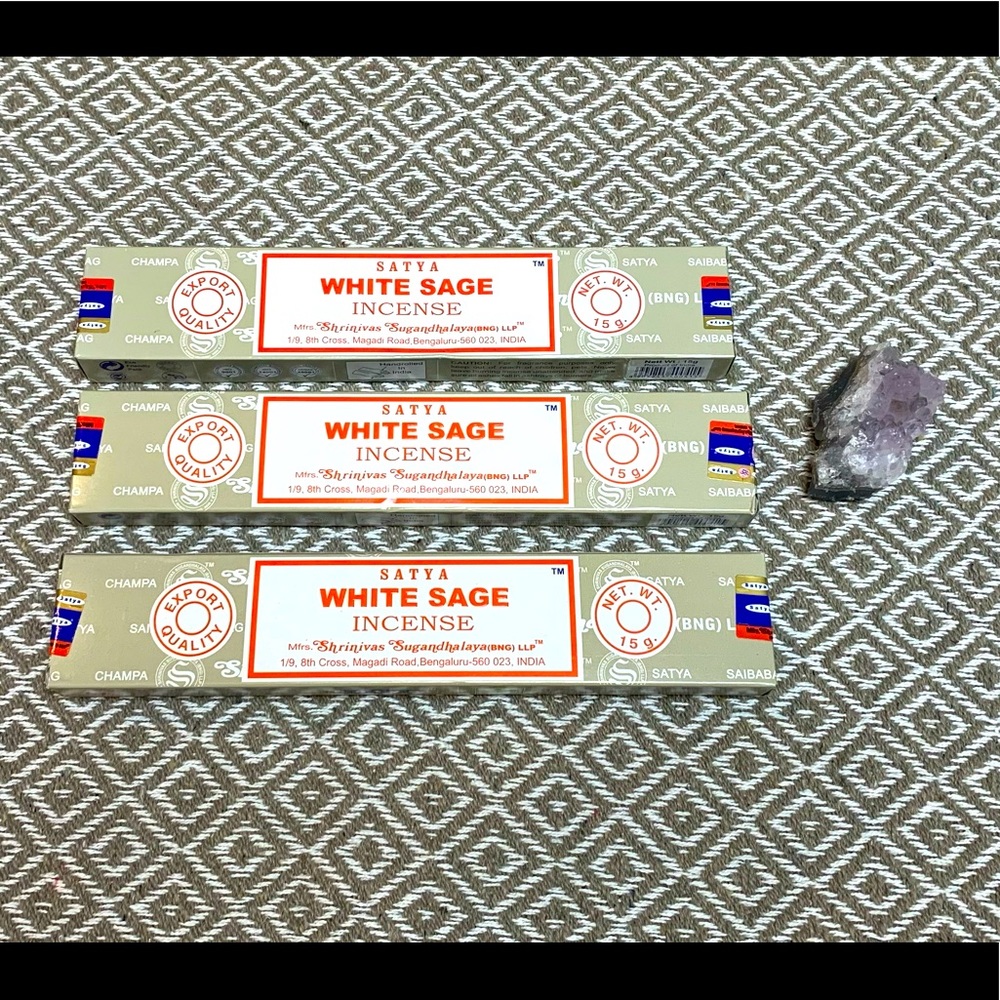 Satya 🪶White Sage 🏵 Incense (3pk) & Rough Amethyst Crystal Chunk 🔮💗📿